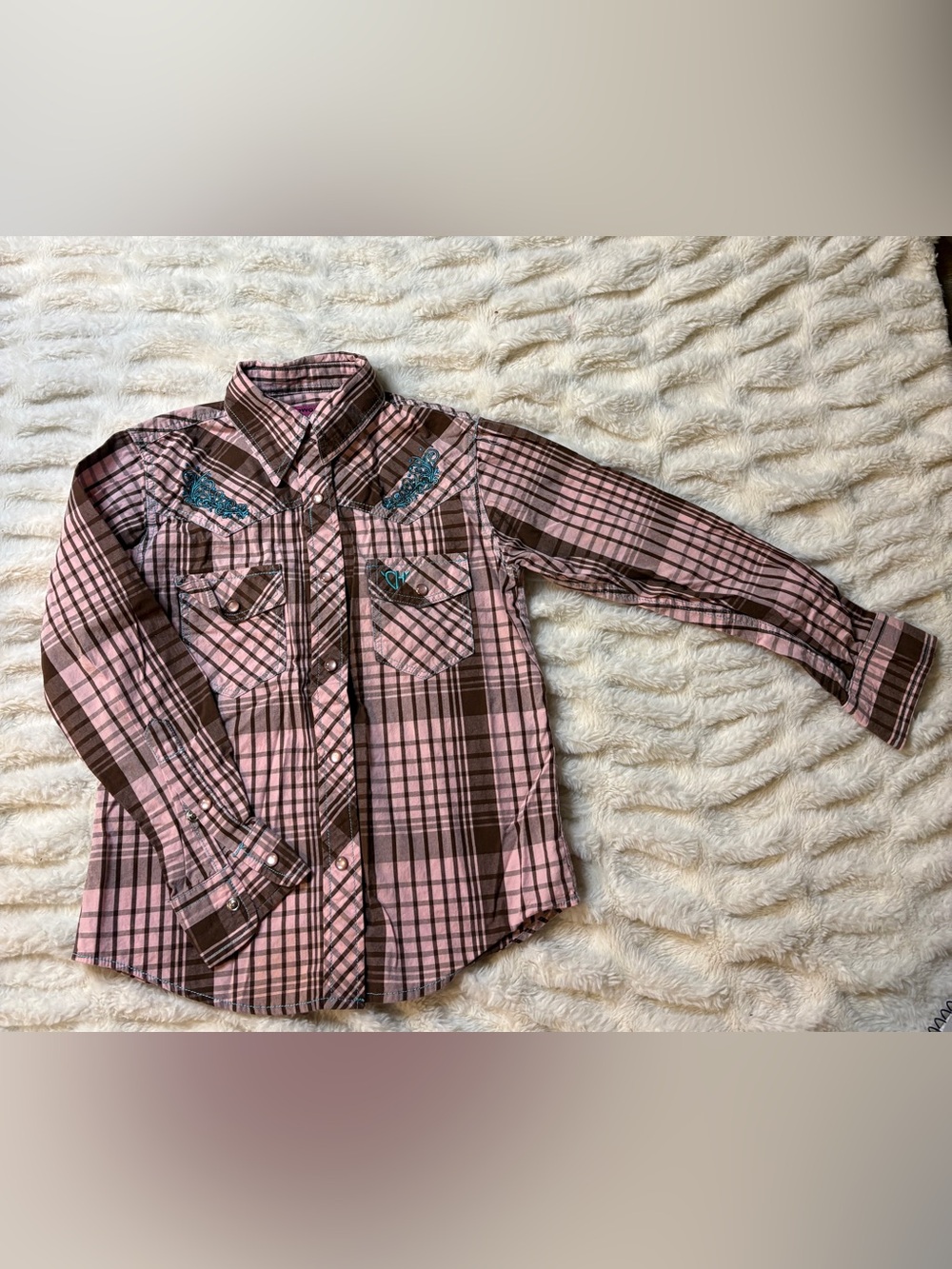 Cowgirl Hardware Pink Plaid Button-Down Shirt with Embroidered Accents